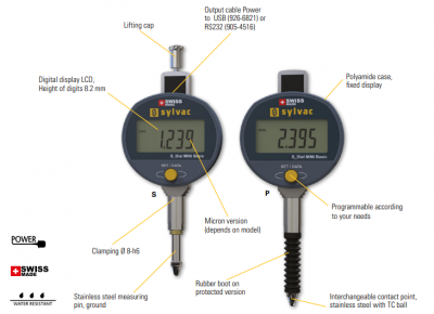 0 - 12.5mm Travel (0.01mm Resolution), IP54 Splash Proof, Digital Mini Indicator (Plunger),  30-805-4121 Sylvac