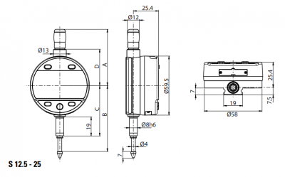 0 - 12.5mm Travel (0.001mm / 0.00005'' Resolution), IP54 Splash Proof, Analogue Digital Indicator (Plunger), S_Dial WORK Analogue  30-805-5307 Sylvac