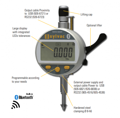 0 - 12.5mm Travel (0.001mm / 0.00005'' Resolution), IP54 Splash Proof, Digital Indicator (Plunger) with Bluetooth, S_Dial WORK Advanced Smart  30-805-6301 Sylvac