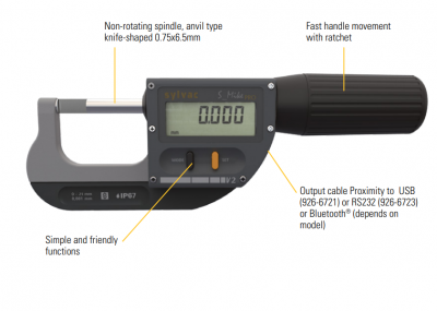 95.0mm - 130.0mm (0.001mm Resolution), IP67 Coolant Proof, Digimatic, Metric, External Blade Micrometer, (Blade Anvil), S_Mike PRO Blade  30-903-1302 Sylvac