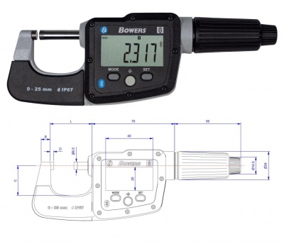 0.0mm - 25.0mm (0.001mm Resolution), Metric Digital External Micrometer  DM025 Bowers