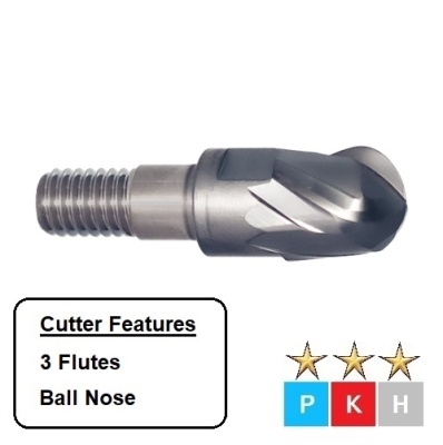 10mm Ball Nosed, 3 Flute, M6 Thread, Carbide Exchangeable Head End Mills EHX3B