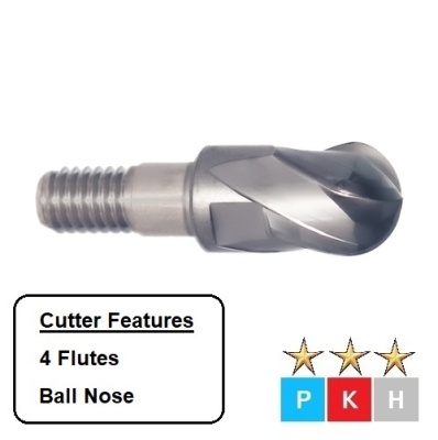 10mm Ball Nosed, 4 Flute, M6 Thread, Carbide Exchangeable Head End Mills EHX4B