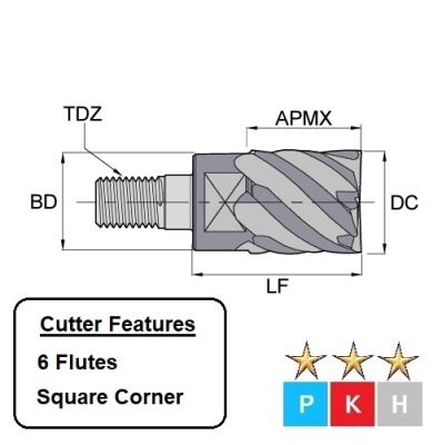 10mm Square Corner, 6 Flute, M6 Thread, Carbide Exchangeable Head End Mills EHX6S