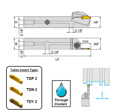 2mm Wide Cut Left Hand External Grooving Holder (20mm x 20mm Shank) Through Coolant GTEL2020-2-TC