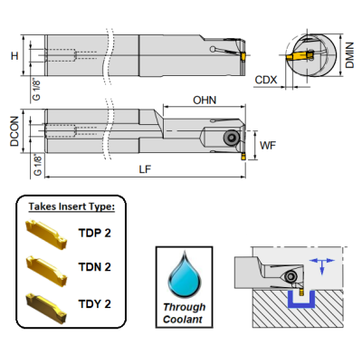 2mm Wide Cut, Left Hand, Internal Grooving Holder, Through Coolant (16mm Dia. Shank) GTIL0016-2-TC