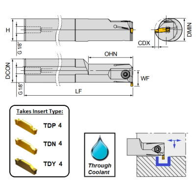 4mm Wide Cut, Left Hand, Internal Grooving Holder, Through Coolant (20mm Dia. Shank) GTIL0020-4-TC