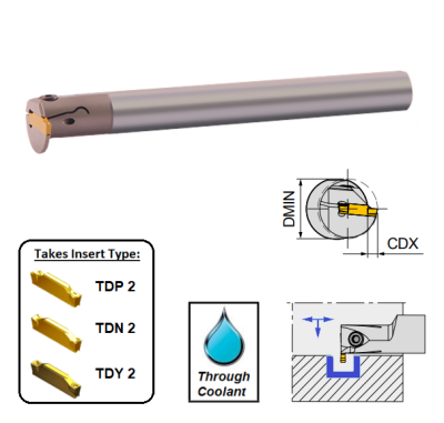 2mm Wide Cut, Right Hand, Internal Grooving Holder, Through Coolant (16mm Dia. Shank) GTIR0016-2-TC