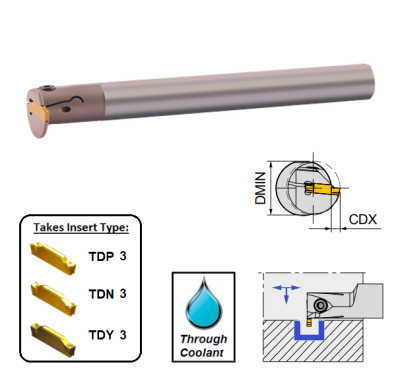 3mm Wide Cut, Right Hand, Internal Grooving Holder, Through Coolant (25mm Dia. Shank) GTIR0025-3-TC