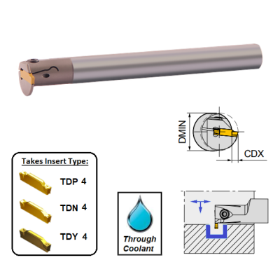 4mm Wide Cut, Right Hand, Internal Grooving Holder, Through Coolant (25mm Dia. Shank) GTIR0025-4-TC