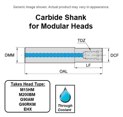 10mm Dia. Head (M6 Internal Thread) Straight Neck, Long Length, Carbide Shank for Modular Heads