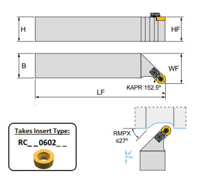 SRGCL 1616 H06 (152.5Deg) Toolholder for Screw on Inserts