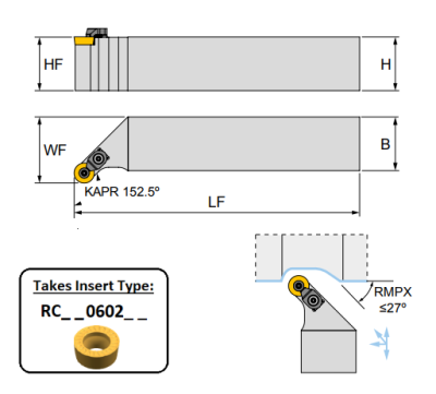 SRGCR 1616 H06 (152.5Deg) Toolholder for Screw on Inserts