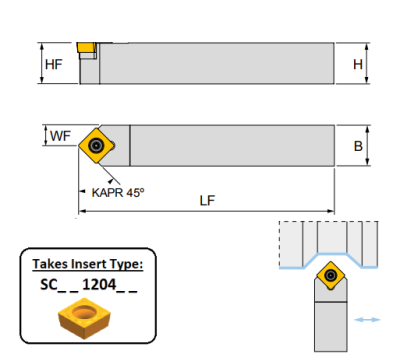 SSDCN 1616 H12 (45Deg) Toolholder for Screw on Inserts