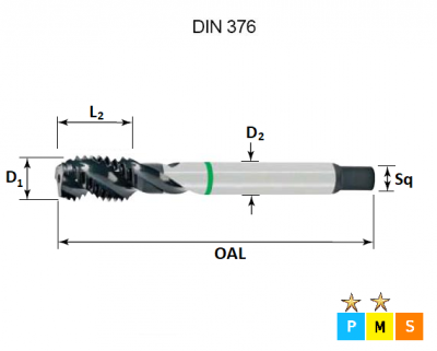 1'' x 8 Green Ring UNC Spiral Flute Tap DIN376