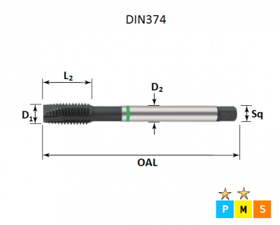 3/4 x 16 Green Ring UNF Spiral Point Tap DIN374