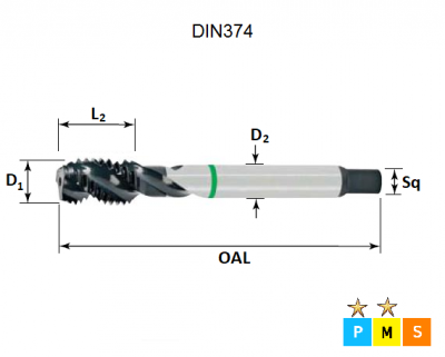 3/4 x 16 Green Ring UNF Spiral Flute Tap DIN374