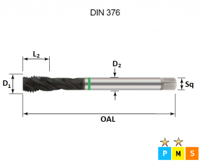 M24 x 3.0 Green Ring Metric Coarse Spiral Flute Hardslick Coated Tap DIN376