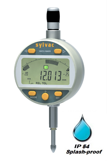 0 - 25mm Travel (0.001mm / 0.00005'' Resolution), IP54 Splash Proof, Analogue Digital Indicator (Plunger), S_Dial WORK Analogue  30-805-5507 Sylvac