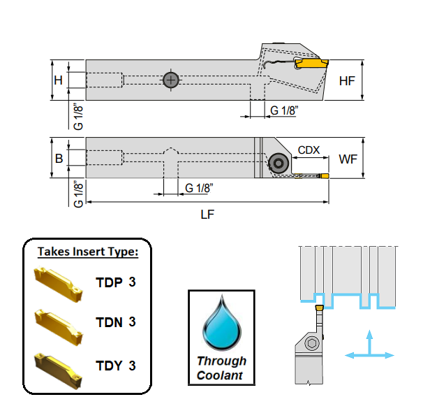 3mm Wide Cut Left Hand External Grooving Holder (16mm x 16mm Shank) Through Coolant GTEL1616-3-TC