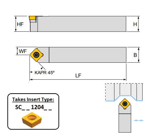 SSDCN 1616 H12 (45Deg) Toolholder for Screw on Inserts