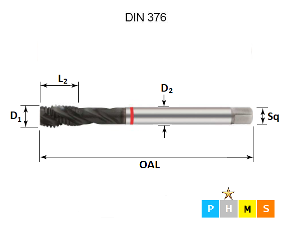 M12 x 1.75 Red Ring Metric Coarse Spiral Flute Steam Tempered Tap DIN376