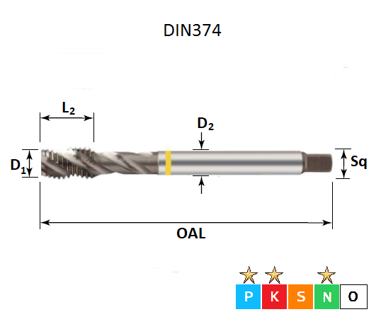 3/4 x 16 Yellow Ring UNF Spiral Flute Bright Finish Tap DIN374