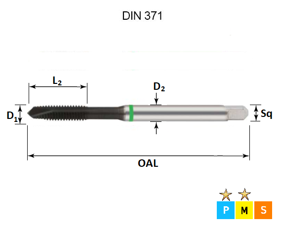 M6 x 1.0 Green Ring Metric Coarse Spiral Point Hardslick Coated Tap DIN371