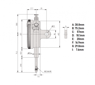 0 - 20mm Travel (0.01mm Resolution), Standard Metric Dial Indicator (Plunger), 57mm Dia. Face (Lug Back)  2050A Mitutoyo